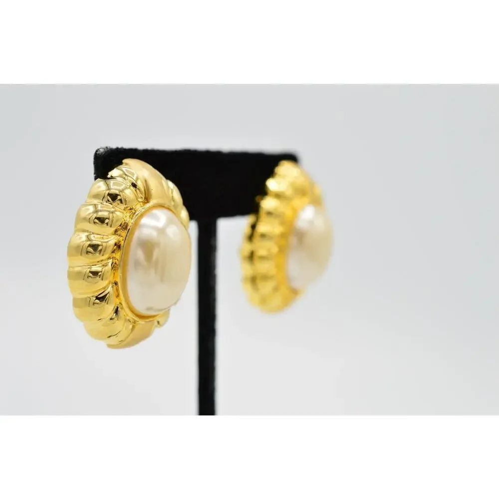 Vintage Clip On Earrings Brushed Gold Chunky Oval Pearl Chunky Signed 1980s 9L